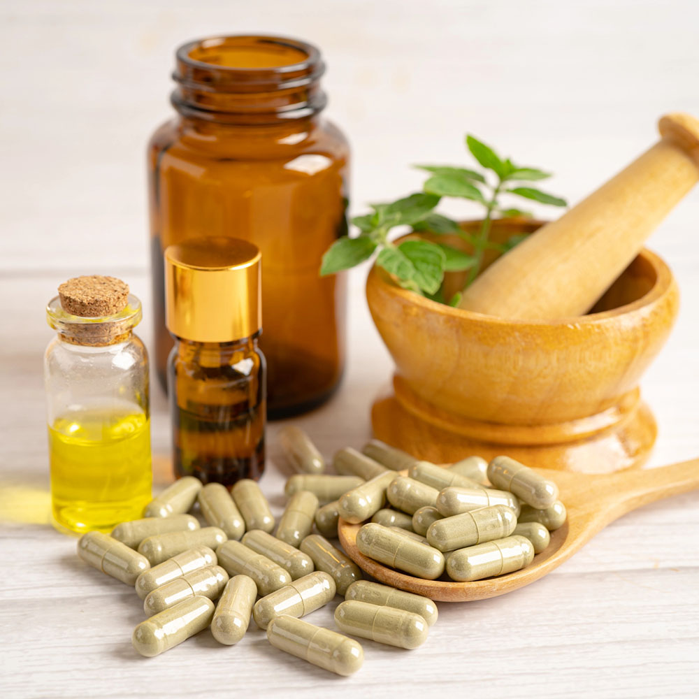 Alternative medicine herbal organic capsule with vitamin E omega 3 fish oil, mineral, drug with herbs leaf natural supplements for healthy good life.